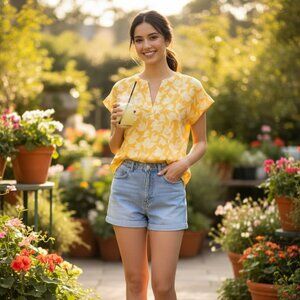 Joie Solace Blouse Citrus Split Neck Yellow Floral Print top size XXS